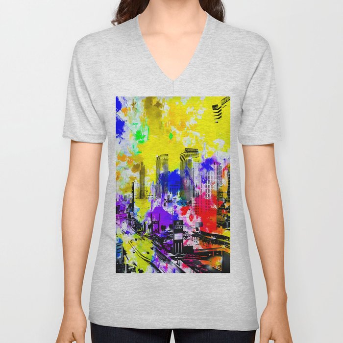 building of the hotel and casino at Las Vegas, USA with blue yellow red green purple painting abstra V Neck T Shirt