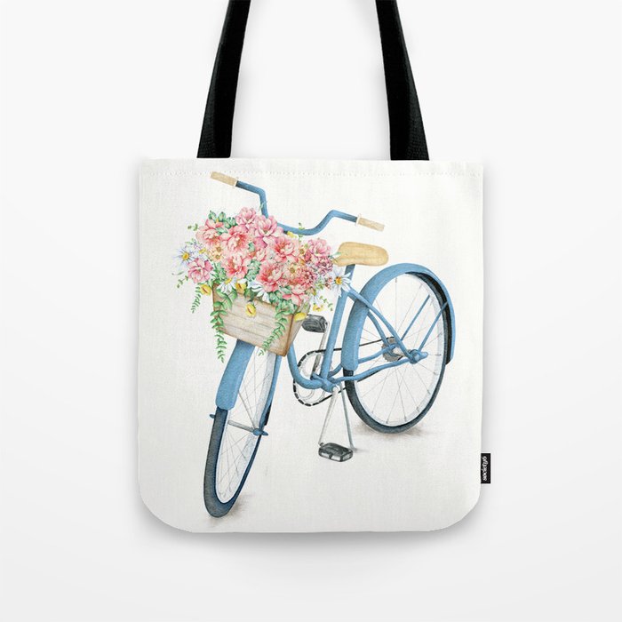 Blue Bicycle With Flowers In Basket Tote Bag By Nadja1 Society6
