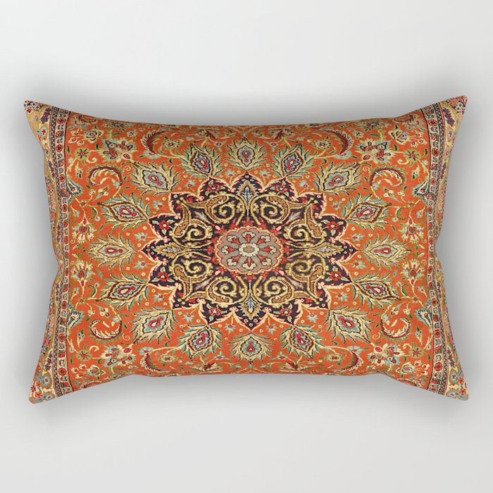 Central Persia Qum Old Century Authentic Colorful Orange Yellow Green Vintage Patterns Rectangular Pillow