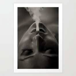 Girls Smoke; female exhaling cigarette smoke black and white portrait photograph - photography - photographs  wall decor Art Print