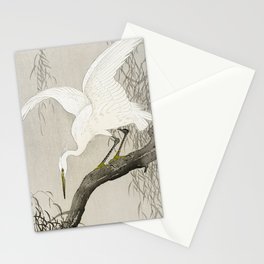 White Heron Sitting On A Tree Branch - Vintage Japanese Woodblock Print Art Stationery Card