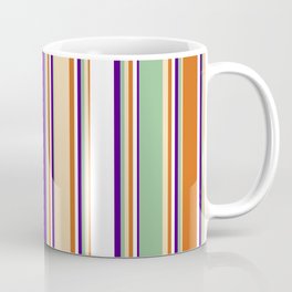 [ Thumbnail: Eyecatching Chocolate, Tan, Dark Sea Green, Indigo & White Colored Stripes Pattern Coffee Mug ]