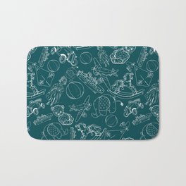 Teal Blue and White Toys Outline Pattern Bath Mat