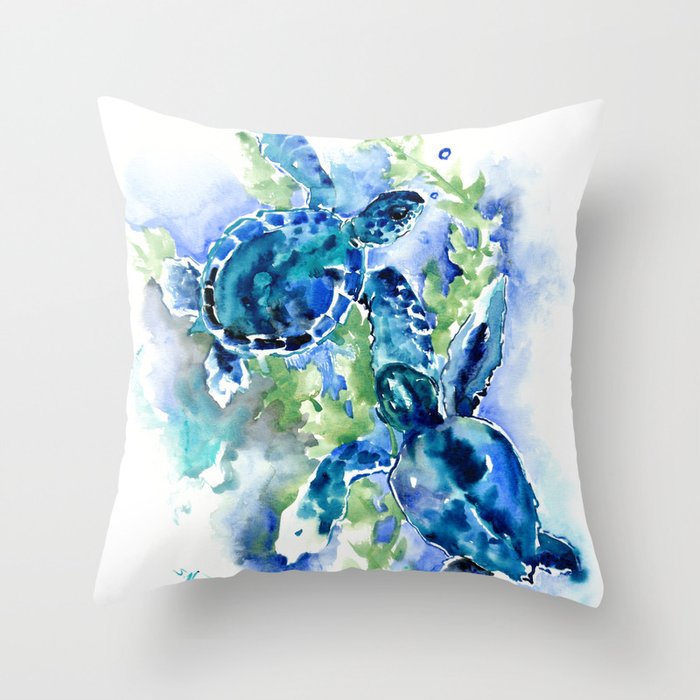 Sea Turtle Turquoise Blue Beach Underwater Scene Green Blue design Throw Pillow