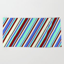 [ Thumbnail: Royal Blue, Aquamarine, Maroon & Beige Colored Striped Pattern Beach Towel ]