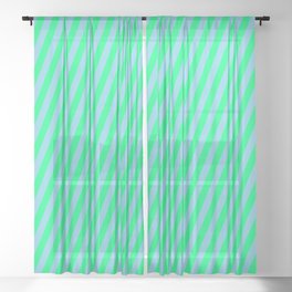 [ Thumbnail: Sky Blue & Green Colored Striped/Lined Pattern Sheer Curtain ]
