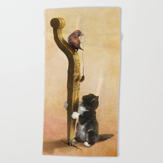 The Cat, the Bird and the Mouse Beach Towel