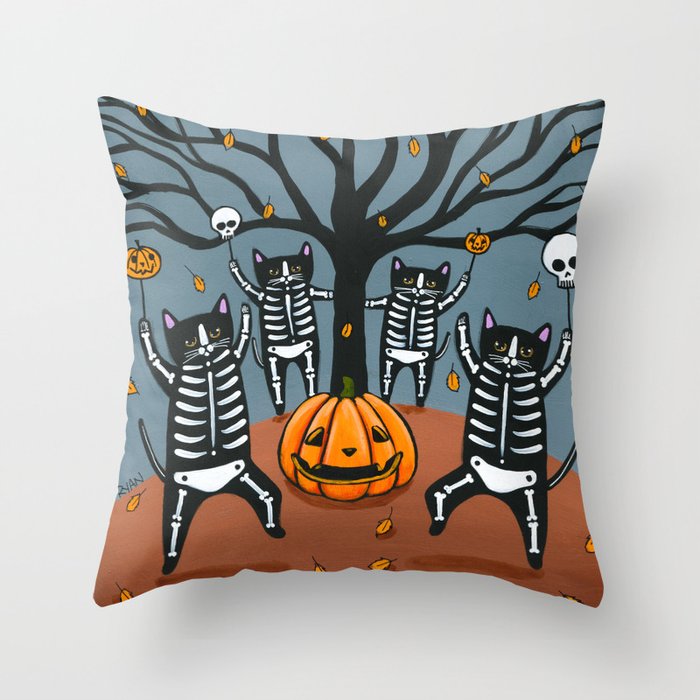 The Celebration of Halloween Skellie Cats Throw Pillow