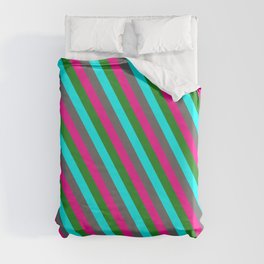 [ Thumbnail: Dim Gray, Deep Pink, Forest Green & Cyan Colored Stripes/Lines Pattern Duvet Cover ]