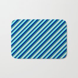 [ Thumbnail: Aqua, Blue, Dark Cyan, and Light Gray Colored Lined/Striped Pattern Bath Mat ]