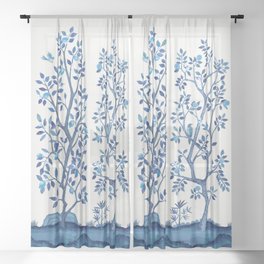 Blue Chinoiserie Citrus Grove Mural Sheer Curtain
