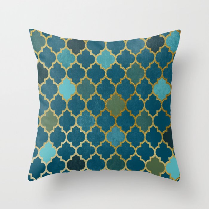 Diamond Mosaic Teal Gold Throw Pillow