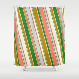 [ Thumbnail: Salmon, Dark Goldenrod, Light Grey, Forest Green, and Beige Colored Striped/Lined Pattern Shower Curtain ]