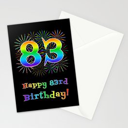 [ Thumbnail: 83rd Birthday - Fun Rainbow Spectrum Gradient Pattern Text, Bursting Fireworks Inspired Background Stationery Cards ]