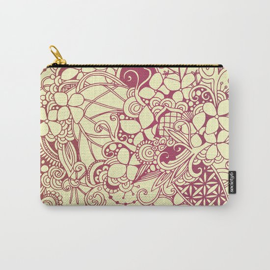 Yellow square, pink floral doodle, zentangle inspired art pattern Carry-All Pouch