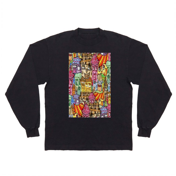 Suburbia watercolor collage Long Sleeve T Shirt