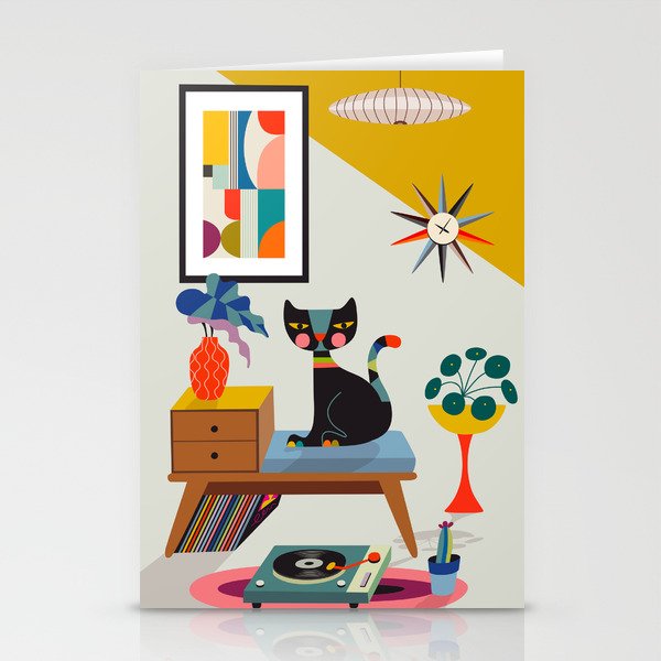 Retro black cat & record player Stationery Cards