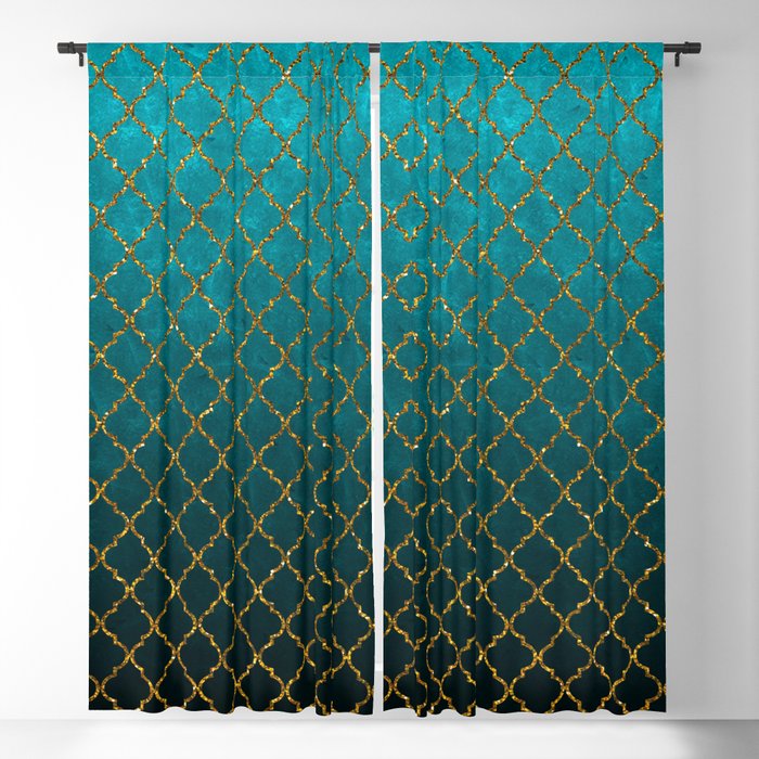 Turquoise gold glitter gradient quatrefoil pattern Blackout Curtain