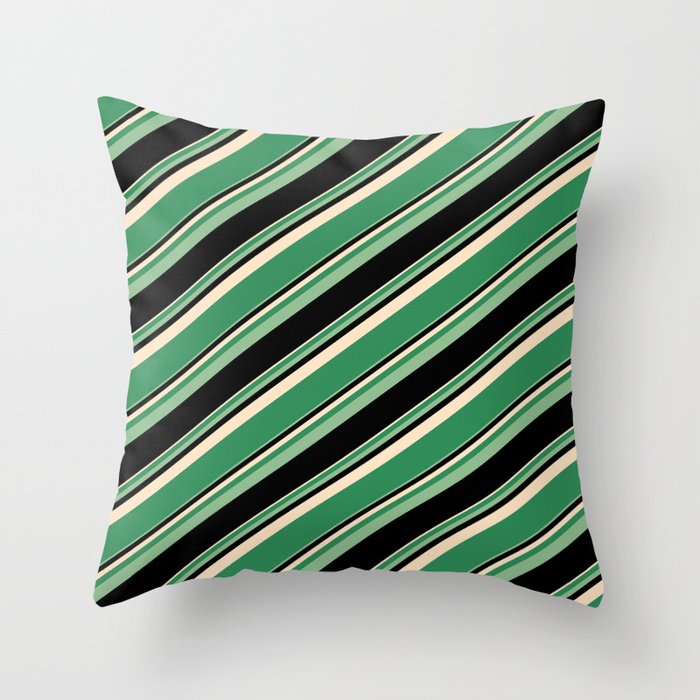 Bisque, Sea Green, Dark Sea Green, and Black Colored Lined Pattern Throw Pillow