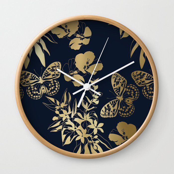 Exotic Floral and Butterfly Art Navy and Gold Wall Clock