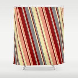[ Thumbnail: Grey, Dark Red, Dark Salmon, and Pale Goldenrod Colored Striped Pattern Shower Curtain ]