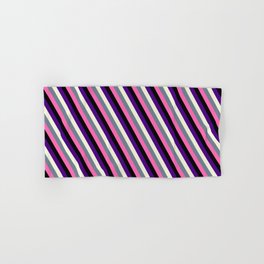 [ Thumbnail: Vibrant Indigo, Beige, Slate Gray, Hot Pink, and Black Colored Striped/Lined Pattern Hand & Bath Towel ]