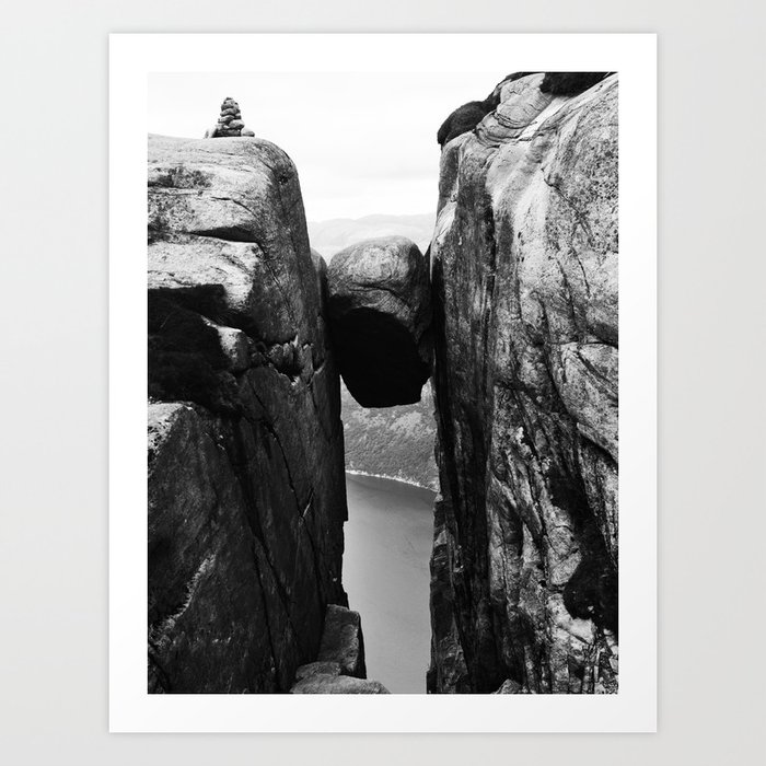Nordic print, black white wall art, Amazing fjord, Norway cliffs, kjeragbolten, holiday Art Print