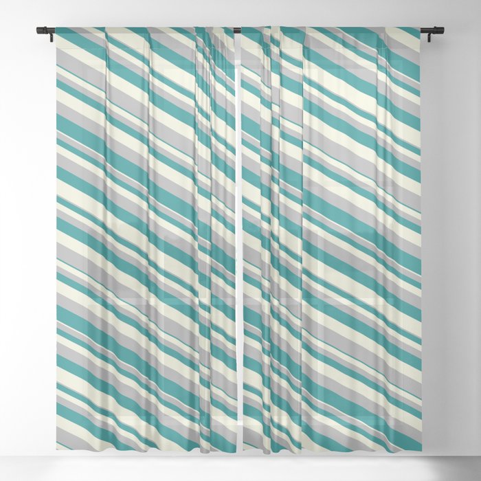 Beige, Dark Gray, and Teal Colored Pattern of Stripes Sheer Curtain