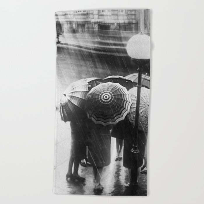 Friends in the Rain with Umbrellas black and white photography Beach Towel