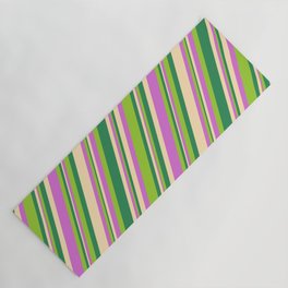 [ Thumbnail: Orchid, Green, Sea Green, and Beige Colored Stripes Pattern Yoga Mat ]