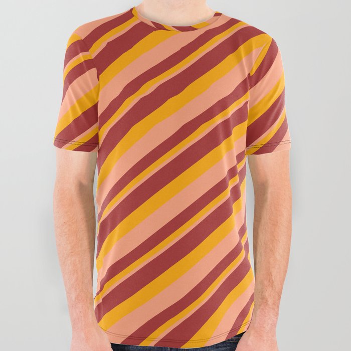 Brown, Orange & Light Salmon Colored Lines/Stripes Pattern All Over Graphic Tee