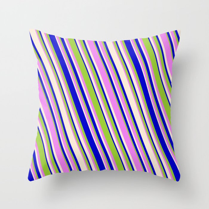 Blue, Green, Violet & Beige Colored Lines Pattern Throw Pillow