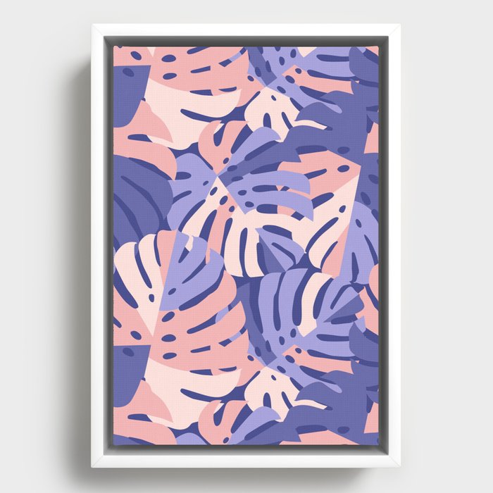Color Block Monstera Leaves - Purple + Pink Framed Canvas