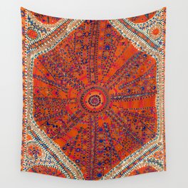 Orange Wildflower Sunshine II // 18th Century Colorful Rusty Red Bright Blue Metallic Happy Pattern Wall Tapestry