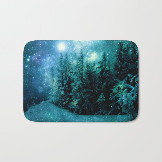 Galaxy Winter Forest Blue Teal Bath Mat