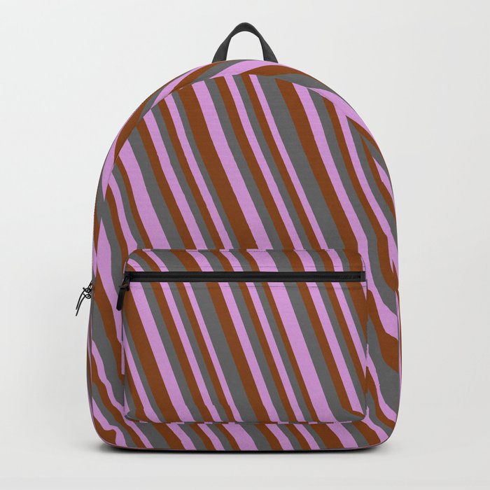 Dim Gray, Plum & Brown Colored Stripes Pattern Backpack