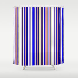 [ Thumbnail: Pale Goldenrod, White, Blue, Dark Salmon, and Dark Blue Colored Pattern of Stripes Shower Curtain ]