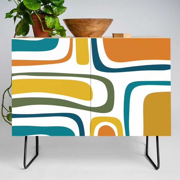 Palm Springs Midcentury Modern Abstract in Moroccan Teal, Orange, Mustard, Olive, and White Credenza