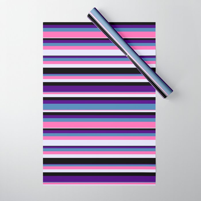 Eyecatching Indigo, Blue, Hot Pink, Lavender, and Black Colored Lines Pattern Wrapping Paper