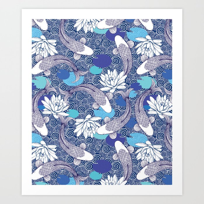 Blue Koi Ripples fish Pattern Art Print