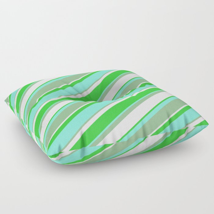Aquamarine, Dark Sea Green, Mint Cream & Lime Green Colored Lined Pattern Floor Pillow