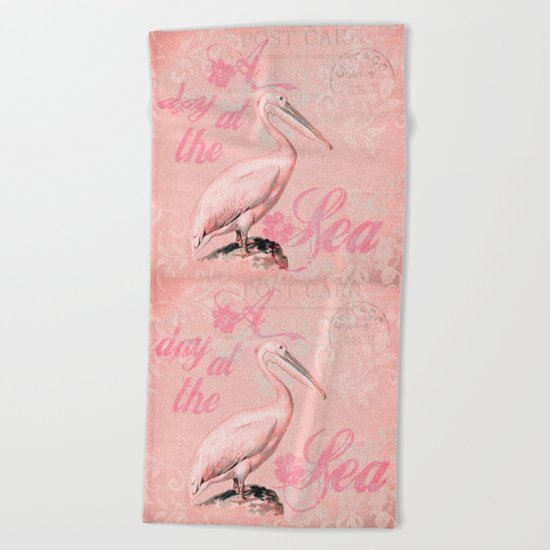 Retro Pelican Vintage old style illustration Beach Towel