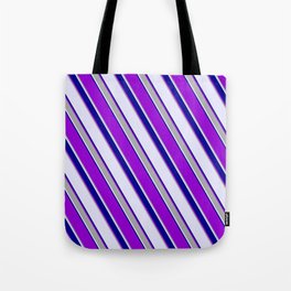 [ Thumbnail: Lavender, Dark Blue, Dark Violet, and Dark Grey Colored Lined Pattern Tote Bag ]