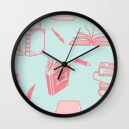 pink books -turquoise backgroung pattern Wall Clock