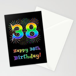 [ Thumbnail: 38th Birthday - Fun Rainbow Spectrum Gradient Pattern Text, Bursting Fireworks Inspired Background Stationery Cards ]