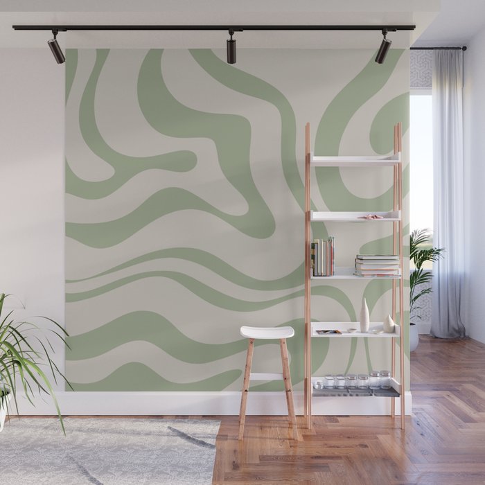 Liquid Swirl Abstract Pattern in Almond and Sage Green Wall Mural