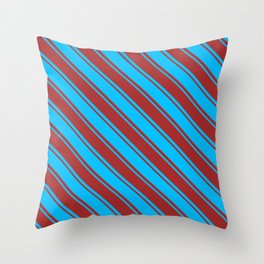 [ Thumbnail: Deep Sky Blue & Brown Colored Striped Pattern Throw Pillow ]