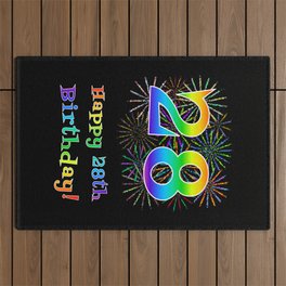 [ Thumbnail: 28th Birthday - Fun Rainbow Spectrum Gradient Pattern Text, Bursting Fireworks Inspired Background Outdoor Rug ]