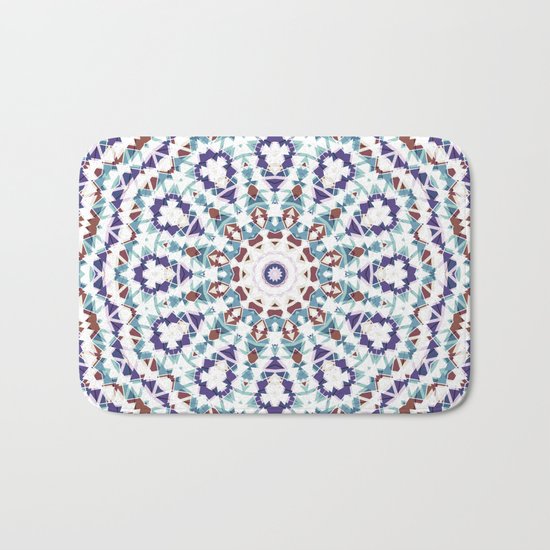 White, brown , blue kaleidoscope . Bath Mat