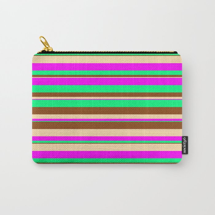 Tan, Fuchsia, Green & Brown Colored Striped Pattern Carry-All Pouch